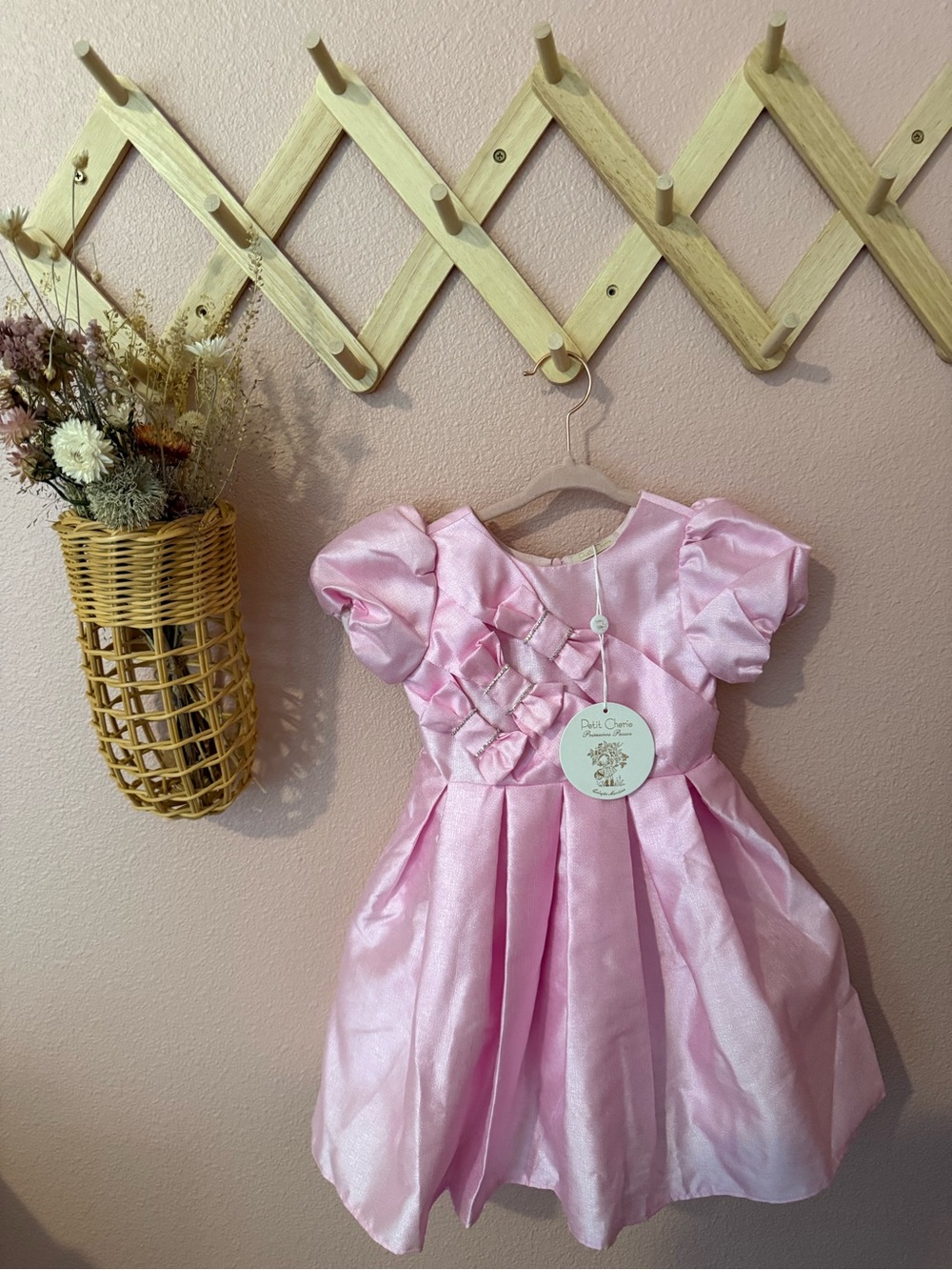 NWT Petit Chérie Pink Satin Flower-Accent Party Dress for Girls